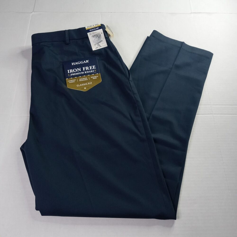 Haggar Premium Iron Free Khakis Men's 40x34 Navy Blue Classic Fit Comfort Fabric
